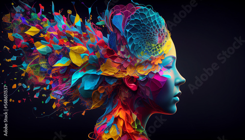 Concept art of a human brain exploding with knowledge and creativity. Colorful human head with art ink splash about ideas, innovation, and technology. generative ai