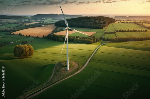 Beautiful Sunset View of Green Landscape and Wind Turbine: Innovative Alternative Energy Concept. Photo AI