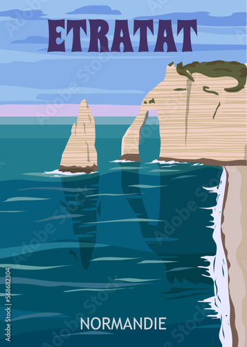 Travel poster Etretat France, vintage seascape rock cliff