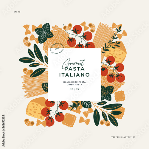 Various Italian pasta design template. Spaghetti and ravioli illustrations. Vector illustration