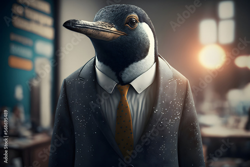 Portrait d'un pingouin anthropomorphe businessman travaillant dans les bureaux de sa société » IA générative