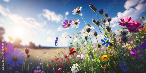 summer meadow flowers close-up against a blue sky with clouds in rays of sunlight on nature in spring, panoramic view. Growing blossoming summer meadow, soft focus, copy space