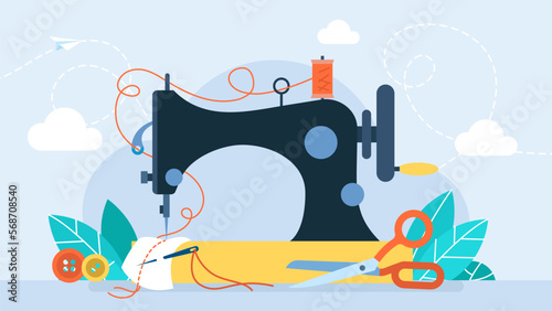 Manual sew machine icon. Sewing tools, needle, scissors, threads. Retro sewing machine and fast tailoring clothes. Fashion and clothes. Vintage tailor shop. Flat design. Vector illustration