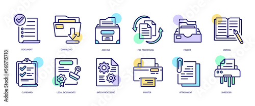 Set of linear icons with Document concept in purple, yellow on blue colors. Images of various documents, their storage in folders and their destruction.