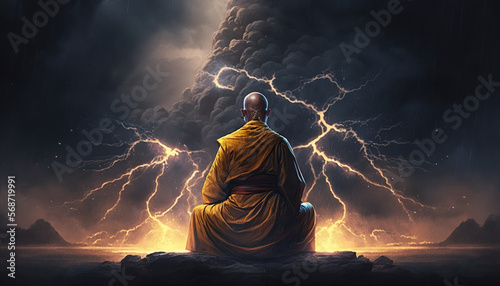 Buddhist monk sitting on rock meditating as a fierce storm approaches.