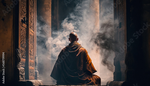 Buddhist monk sitting in majestic temple meditating. space for text