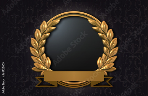 Round golden frame adorned with a laurel wreath and a ribbon banner. Blank heraldic emblem for celebrating an achievement, anniversary, or award. 3D render against a dark background with pattern
