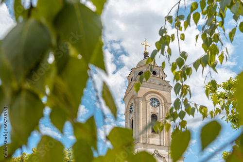 Holy Orthodox churche dome throught green leaves in the Smederevo city in Serbia