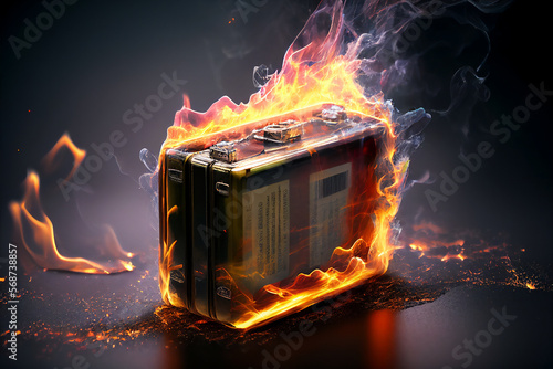 Lithium battery which has caught fire and exploded due to overheating of a poorly manufactured product which could be a safety hazard to a user, computer Generative AI stock illustration