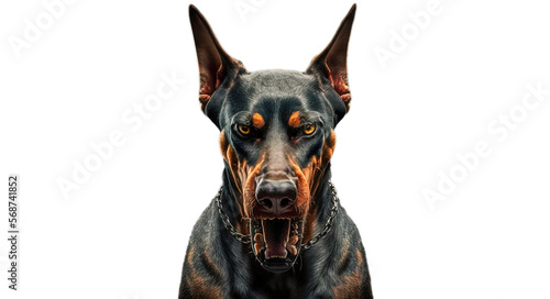 Angry doberman dog, isolated on transparent background. Doberman dog portrait. Post-processed generative AI