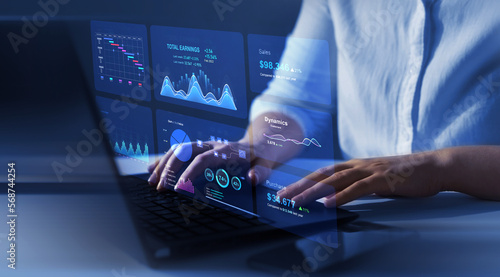 Business finance data analytics graph.Financial management technology.Advisor using KPI Dashboard on virtual screen.