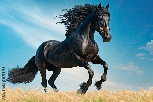 black horse on the meadow , ai generated