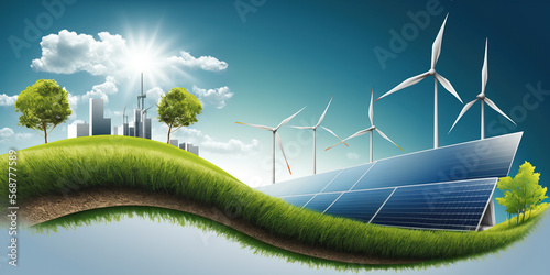 renewable energy banner background with green energy as wind turbines and solar panels