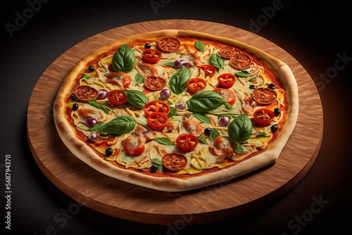 Delicious Italian Pizza on a Wooden Plate and tasty ingredients. Detailed Pizza illustration. Ai generated