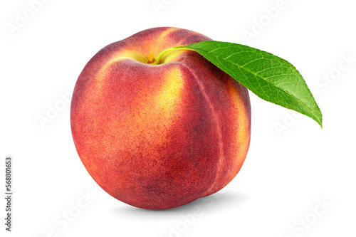 Peach with leaf isolated on white background.