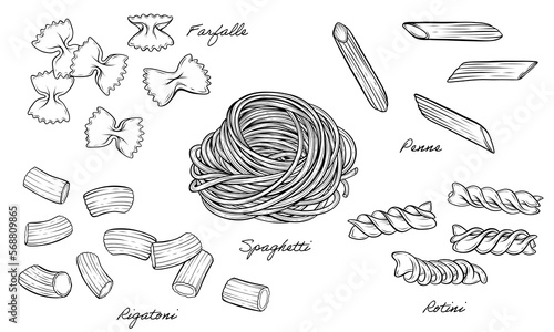 Set of pasta spaghetti, rotini, rigatoni, farfalle, penne vector line art illustration