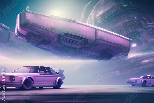 Retro Sci-Fi futuristic background 1980s style 3d illustration. Digital landscape in a cyber world. For use as design cover. v13 Luxury retro car executed in pink and purple colors - generative ai