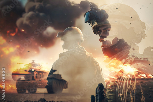 abstract concept image of a young soldier at war, war zone with tank fire and explosions, Generative AI