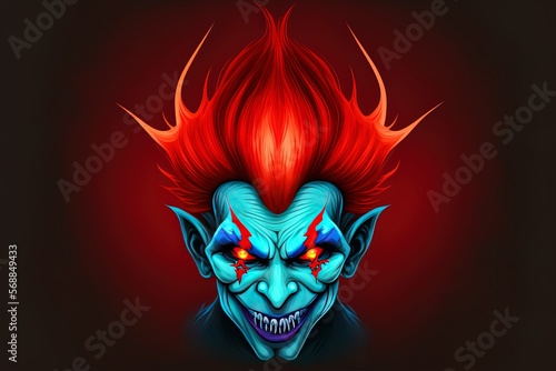 Photorealistic artwork of a jester with a dark backdrop, a riot of colors in his hair, and a painted face that has red eyes and a Generative AI