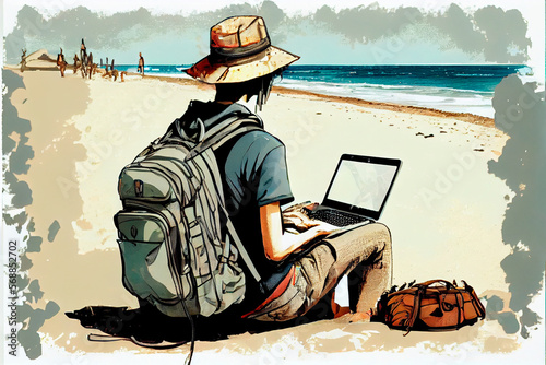 Generative AI illustration of a an unrecognizable digital nomad man, working with his laptop and backpack on the beach