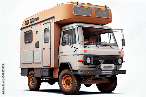 Generative AI illustration of a 1980s overland 4x4 camper truck on a white background
