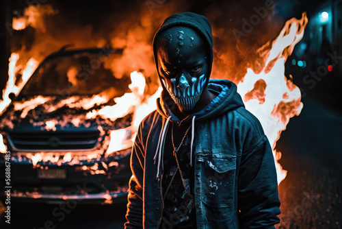 Gang war in a ghetto such as Stockholm - a black teenage boy, wearing a mask with a burning car in fire flames in the background after immigration, crisis copy space, generative ai