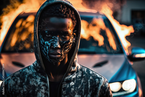 Gang war in a ghetto such as Stockholm - a black teenage boy, wearing a mask with a burning car in fire flames in the background after migration crisis, copy space, generative ai