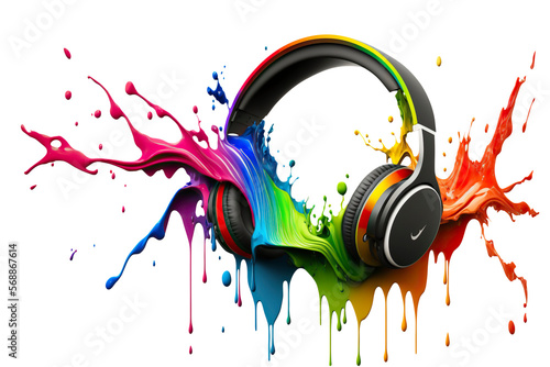 Headphones with rainbow splash. Conceptual illustration for music concert or festival. Isolated design element on the transparent background. Generative AI.