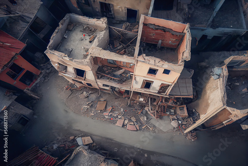 Photo capture the aftermath an earthquake in Turkey, showing a destroyed multistory building from a top view perspective captured by a drone. The building appears to have sustained significant Ai