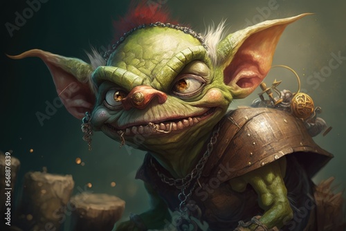 A goblin with a green complexion and a mischievous streak, hoarding treasure and causing mischief wherever it goes.Digital art painting,Fantasy art,Wallpaper. Generative ai. 