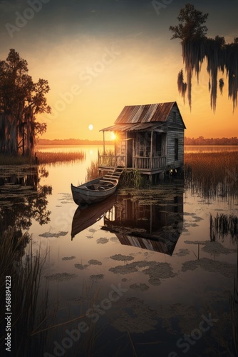dramatic landscape, sunset cajun swamp scene with shack and boat, AI assisted finalized in Photoshop by me 