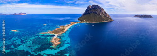 aerial drone panoramic view of splendid island and beach Tavolara in Sardegna, Italy. Sardinia island italian summer holidays.