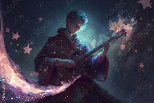 illustration of handsome Asian musician wearing Chinese traditional cloth with glitter glow light and magical romantic atmosphere, Generative Ai