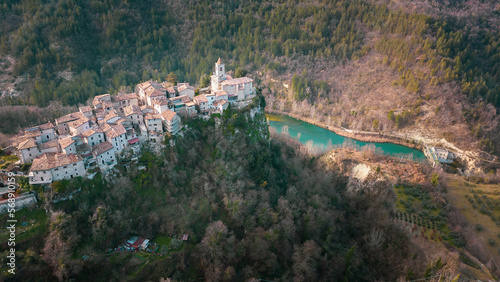 Italy, February 2023: aerial view of the medieval village of castel Trosino perched on a rock spur. Province of Ascoli Piceno in the Marche region
