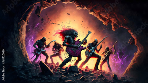 hellish rock musicians band with electric guitars in rock world, neural network generated art. Digitally generated image. Not based on any actual person, scene or pattern.