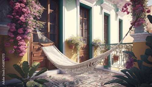  a white hammock hanging from a balcony next to a potted plant and a door with a green shuttered window and a balcony with pink flowers. generative ai