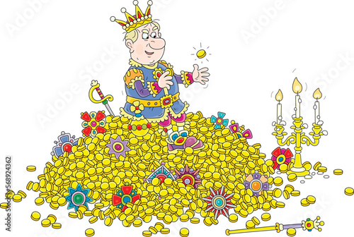 Angry king sitting on a large pile of gold coins and jewels from royal treasury and enjoying his incredible wealth, vector cartoon illustration isolated on a white background