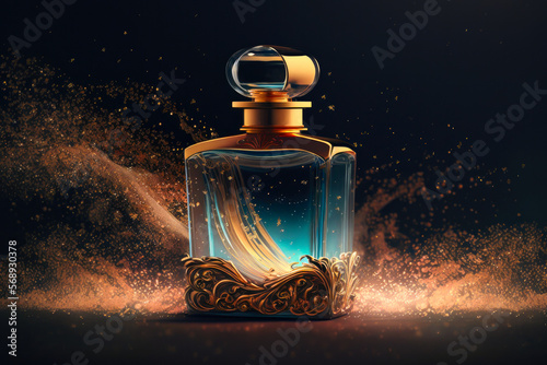 Niche perfumery concept. Idea of an oriental fusion fragrance made with vintage perfume bottle and splashes of scents. Created with Generative AI technology.