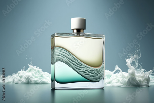 Perfumery, luxury fragrance in nautical style. Concept made with empty perfume bottle and stylized waves. Created with Generative AI technology.