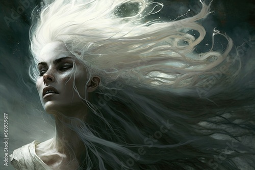 A banshee with ghostly white hair, wailing in the wind. Digital art painting, Fantasy art, Wallpaper