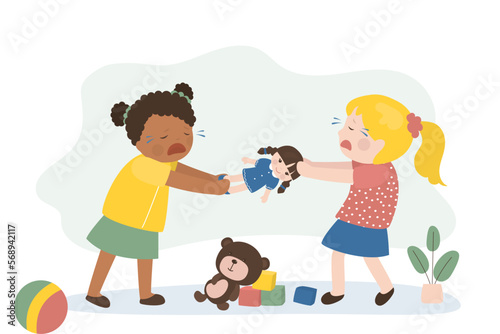 Multiethnic girls pulling doll, relationship problem. Preschooler children cannot share one toy. Little girls cry and fight over toys. Friends quarreled. Negative emotions.