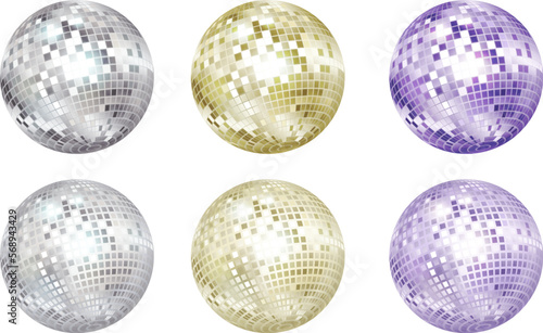 Disco balls collection. Silver, gold and purple colors.