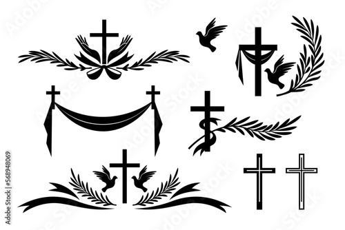 Funeral ornamental decorations. Vector memorial design elements. Borders and dividers with cross, dove, ribbons and palm leaves.