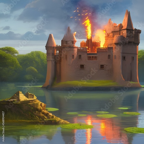 A surrealist castle with a floating moat and a fire-breathing dragon1, Generative AI