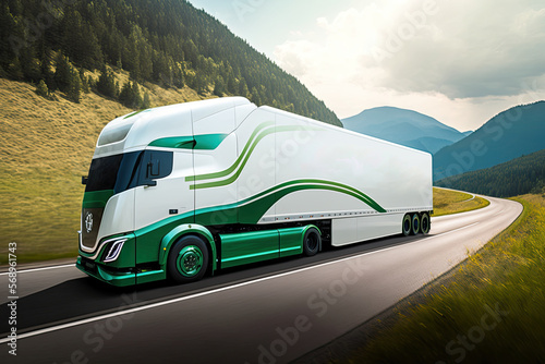 Green hydrogen fuel cell truck navigating a winding mountain road, generative ai