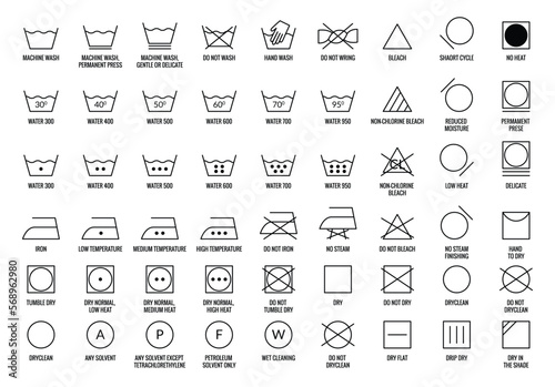 Laundry vector icons set. Care clothes instructions on labels, machine or hand washing signs collection. Water, ironing and drying temperature symbols collection, textile and fabric types