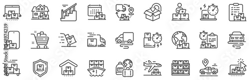 Return package, logistic service and delivery date set. Delivery line icons. Freight distribution, global export and courier truck line icons. Logistic transport, ship delivery. Vector