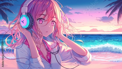 a beautiful girl is listening to music by a headphone on the beach, chilled, colorful, manga style illustration.
