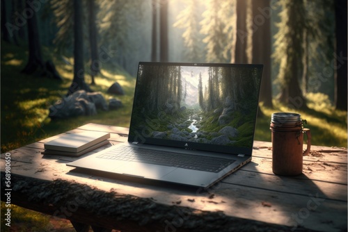 remote work outside hybrid work telecommuting teleconference work from anywhere remote office laptop computer solo alone outdoors woods trees nature forest flex work flexible distributed work mobile