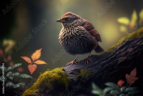 blurry image of a jungle babbler sitting on a tree branch Generative AI